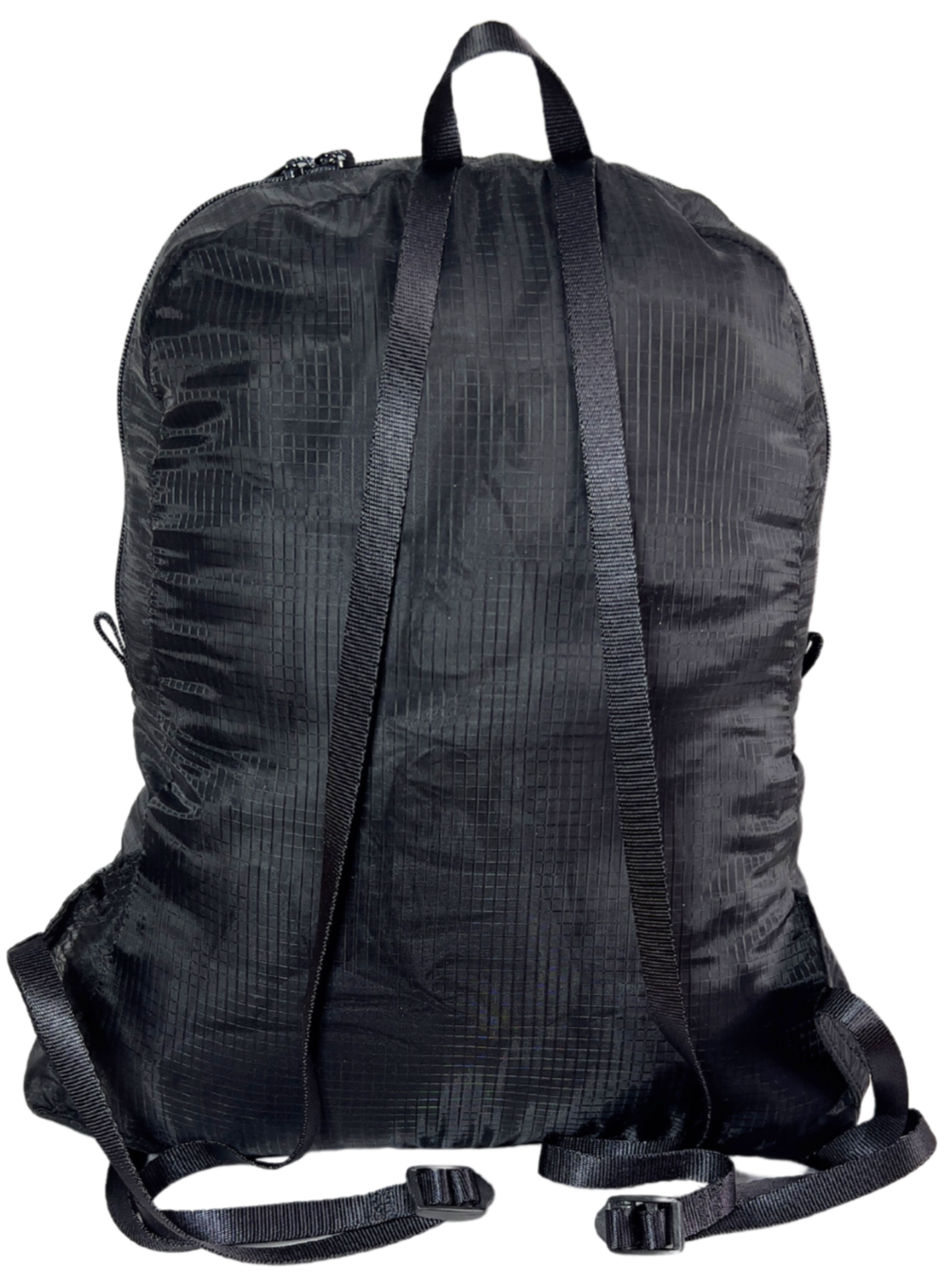 Back side of the unisex MINImalist backpack. It is black in color and made of sheer nylon fabric.