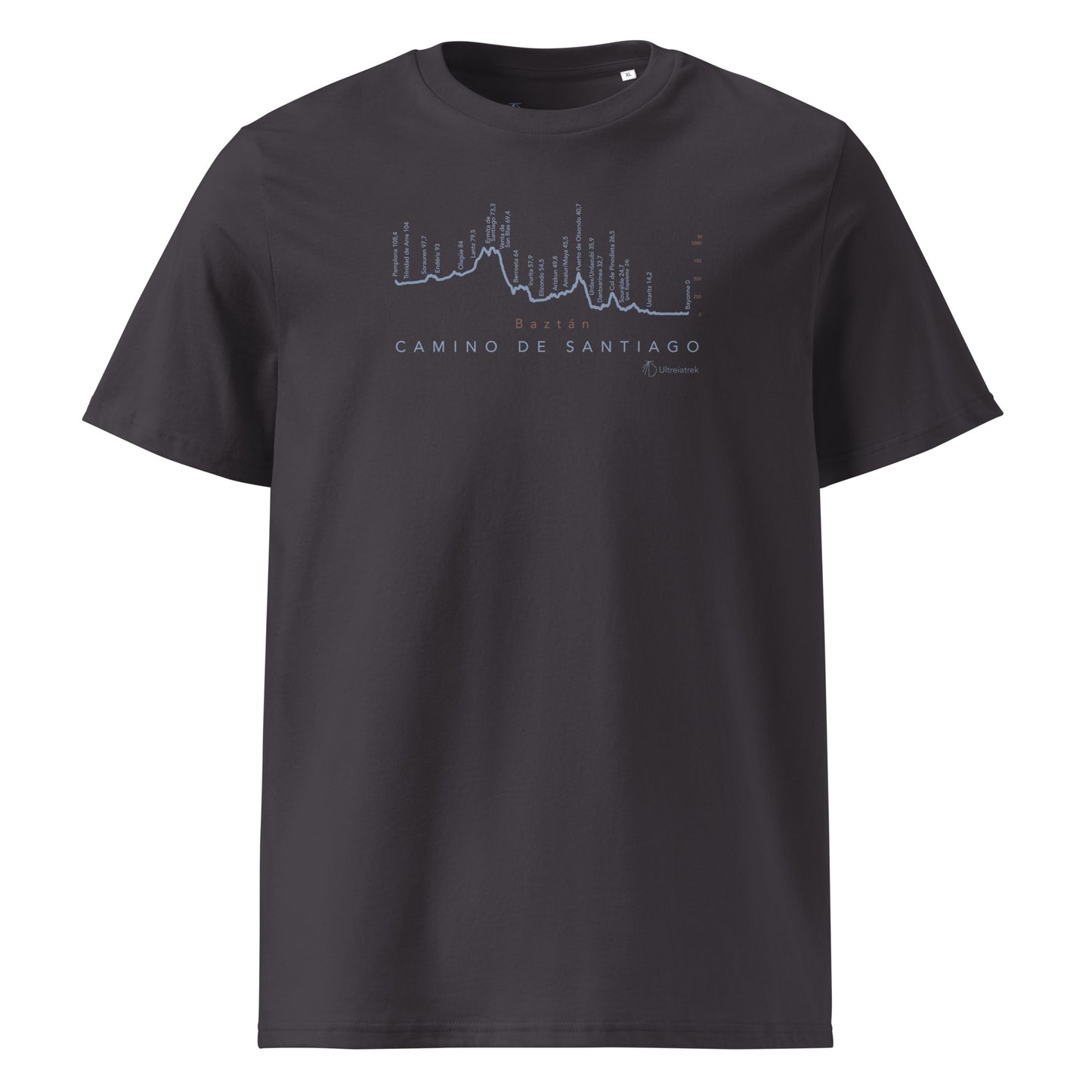 Camino de Baztán Gradient Unisex Organic Cotton T-shirt in anthracite - front view featuring route map through the Basque Country