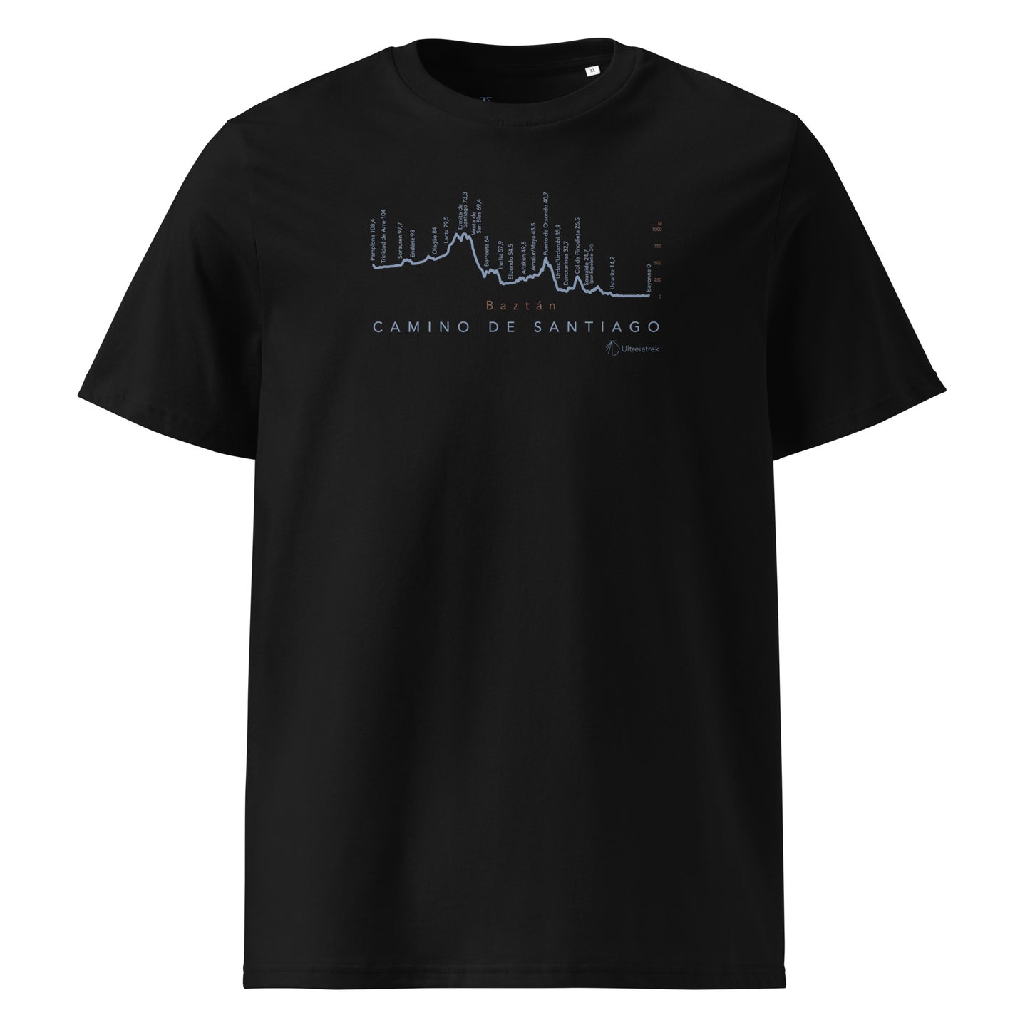 Camino de Baztán Gradient Unisex Organic Cotton T-shirt in black - front view featuring route map through the Basque Country