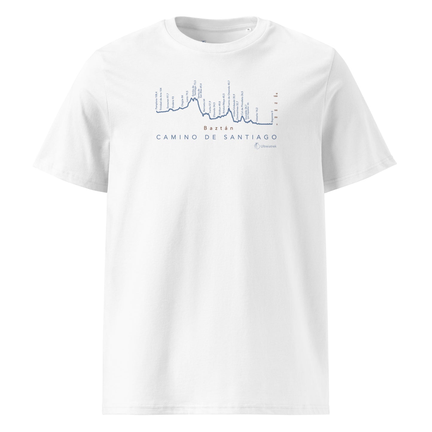 Camino de Baztán Gradient Unisex Organic Cotton T-shirt in white - front view featuring route map through the Basque Country