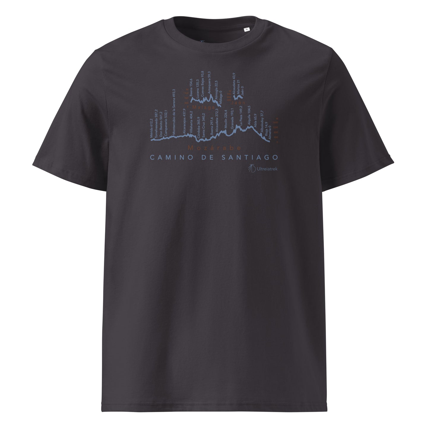 Camino Mozárabe Gradient Unisex Organic Cotton T-shirt in anthracite - front view featuring route map with three starting points from Almería, Málaga, and Jaén to Mérida