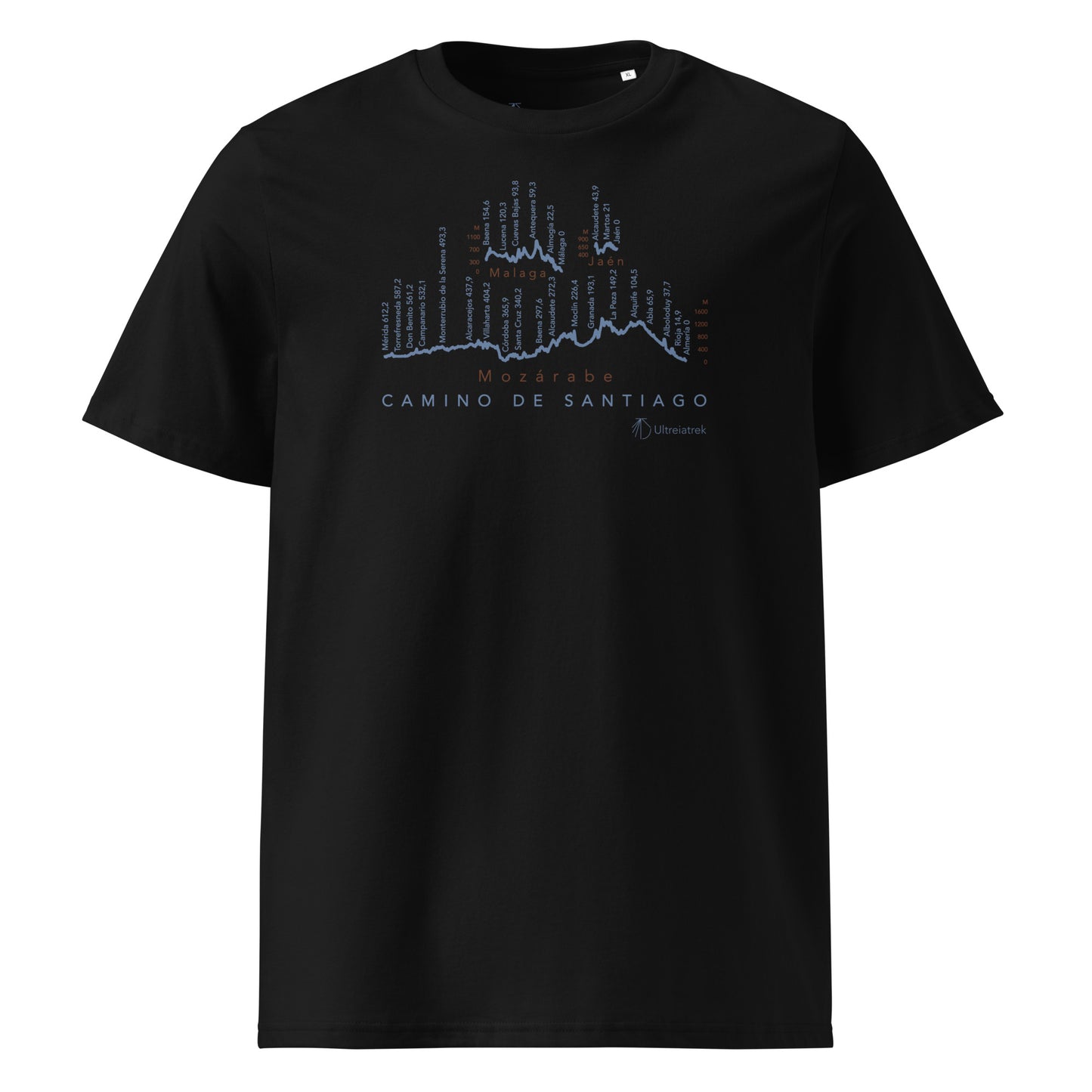 Camino Mozárabe Gradient Unisex Organic Cotton T-shirt in black - front view featuring route map with three starting points from Almería, Málaga, and Jaén to Mérida