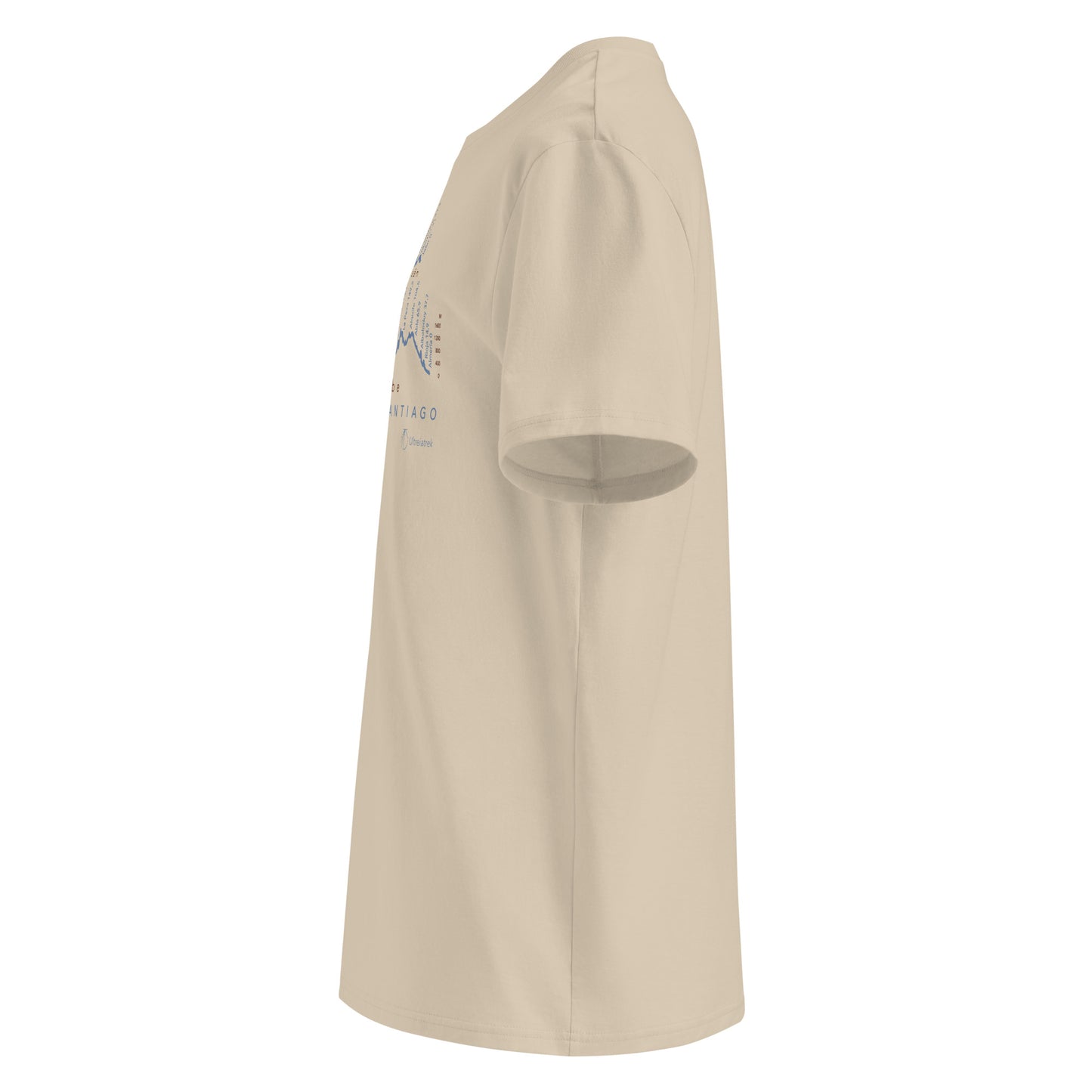 Camino Mozárabe Gradient Unisex Organic Cotton T-shirt in desert dust - left view featuring route map with three starting points from Almería, Málaga, and Jaén to Mérida