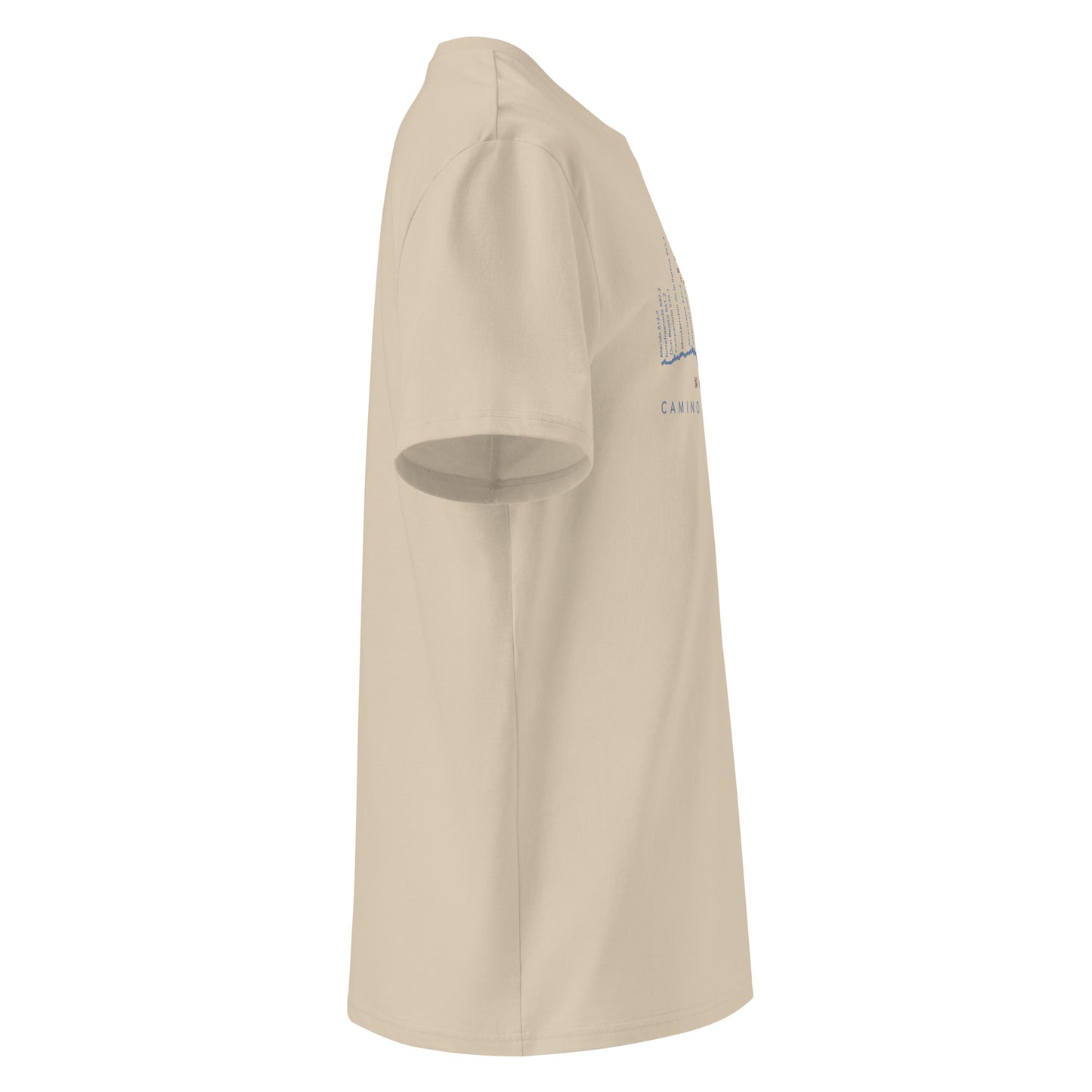 Camino Mozárabe Gradient Unisex Organic Cotton T-shirt in desert dust - right view featuring route map with three starting points from Almería, Málaga, and Jaén to Mérida