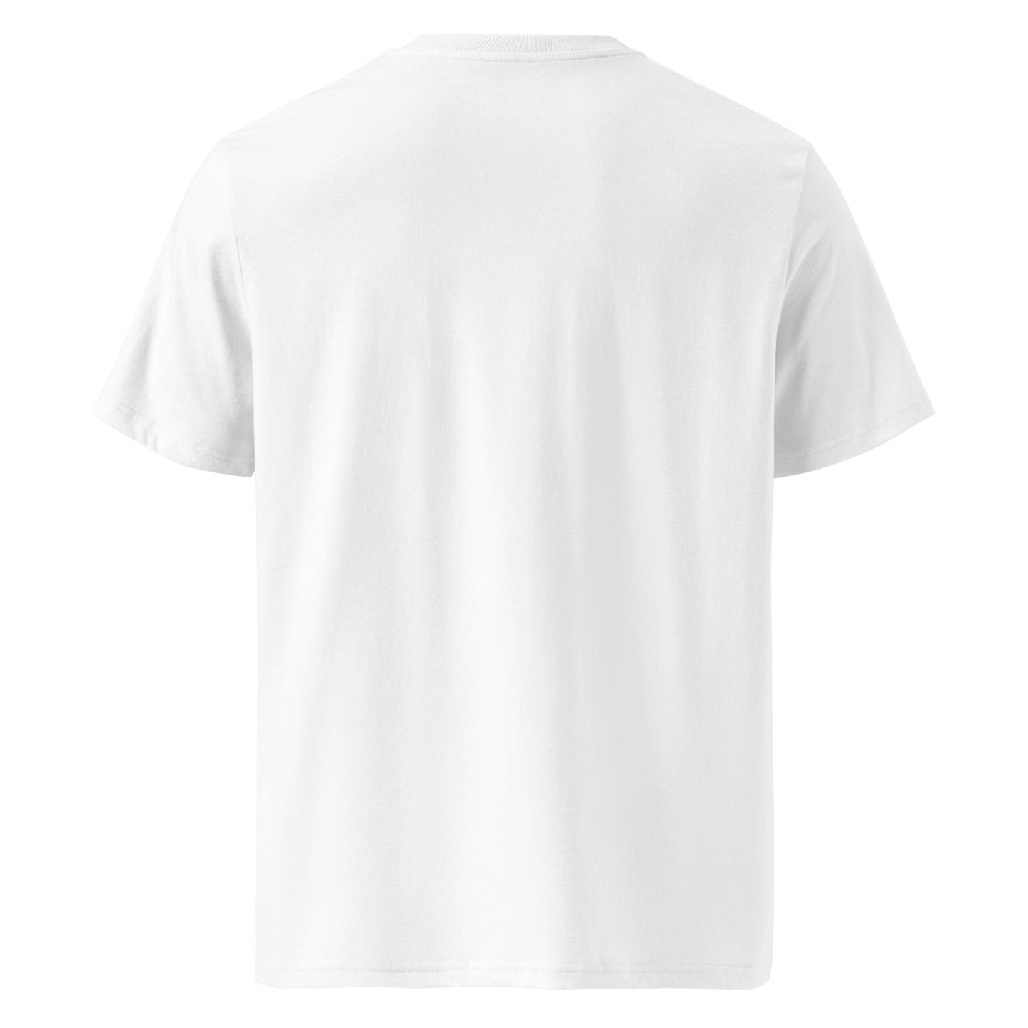 Camino Mozárabe Gradient Unisex Organic Cotton T-shirt in white - back view featuring route map with three starting points from Almería, Málaga, and Jaén to Mérida