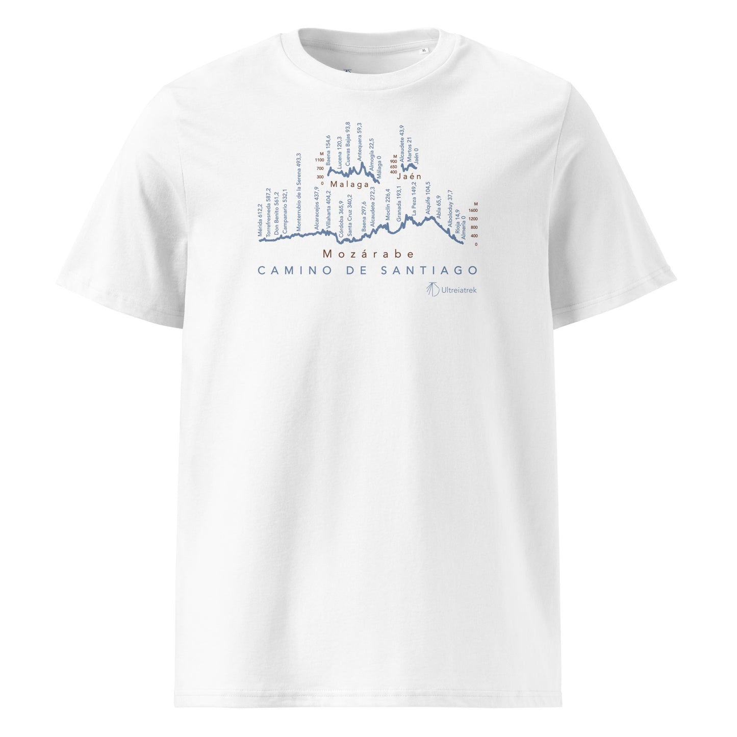 Camino Mozárabe Gradient Unisex Organic Cotton T-shirt in white - front view featuring route map with three starting points from Almería, Málaga, and Jaén to Mérida