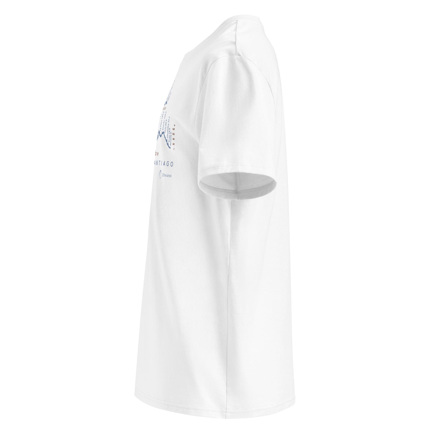 Camino Mozárabe Gradient Unisex Organic Cotton T-shirt in white - left view featuring route map with three starting points from Almería, Málaga, and Jaén to Mérida