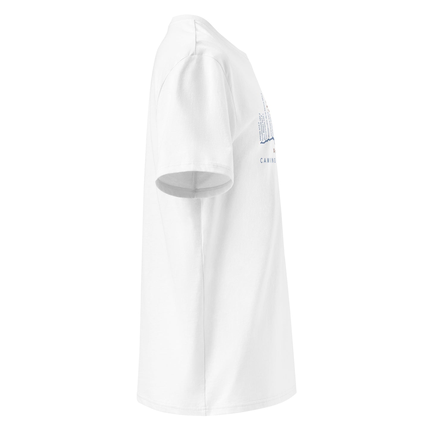Camino Mozárabe Gradient Unisex Organic Cotton T-shirt in white - right view featuring route map with three starting points from Almería, Málaga, and Jaén to Mérida