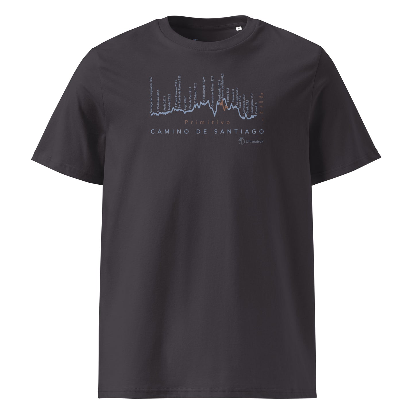 Camino Primitivo Gradient Unisex Organic Cotton T-shirt in anthracite - front view featuring the pilgrimage route from Oviedo to Santiago de Compostela with challenging terrain elevation profile
