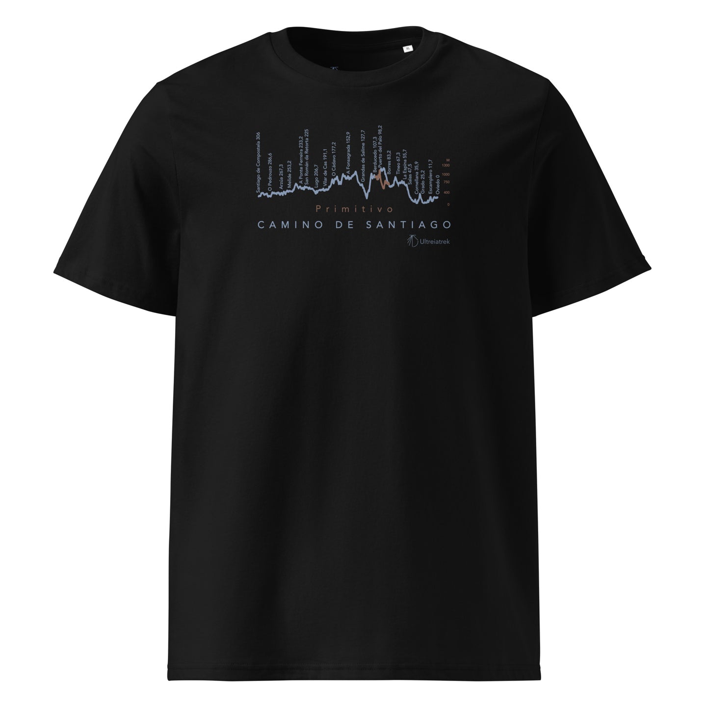 Camino Primitivo Gradient Unisex Organic Cotton T-shirt in black - front view featuring the pilgrimage route from Oviedo to Santiago de Compostela with challenging terrain elevation profile