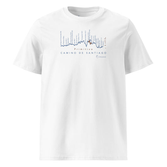 Camino Primitivo Gradient Unisex Organic Cotton T-shirt in white - front view featuring the pilgrimage route from Oviedo to Santiago de Compostela with challenging terrain elevation profile