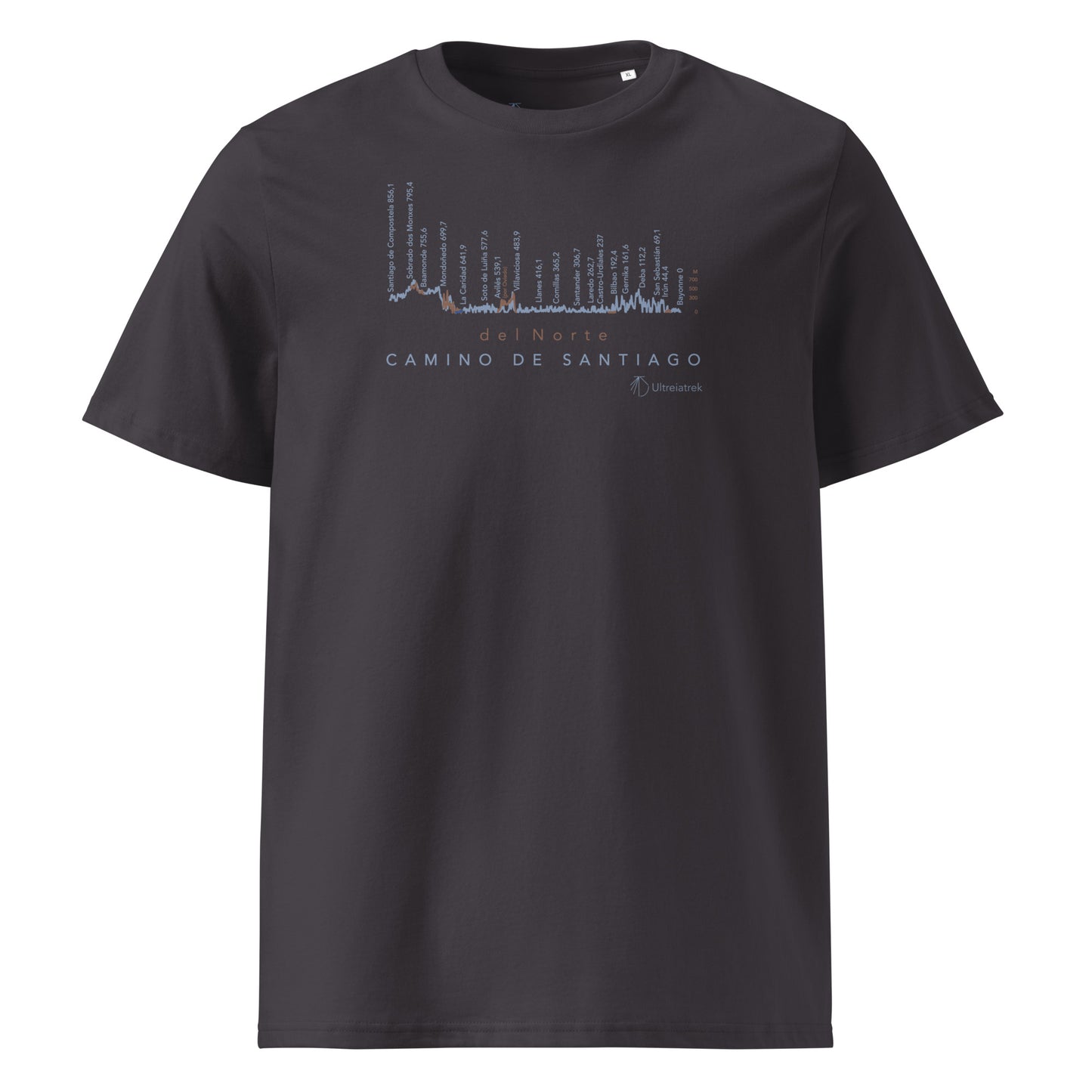 Camino del Norte Gradient Unisex Organic Cotton T-shirt in anthracite - front view featuring detailed coastal route map from Bayonne to Santiago de Compostela with elevation markers