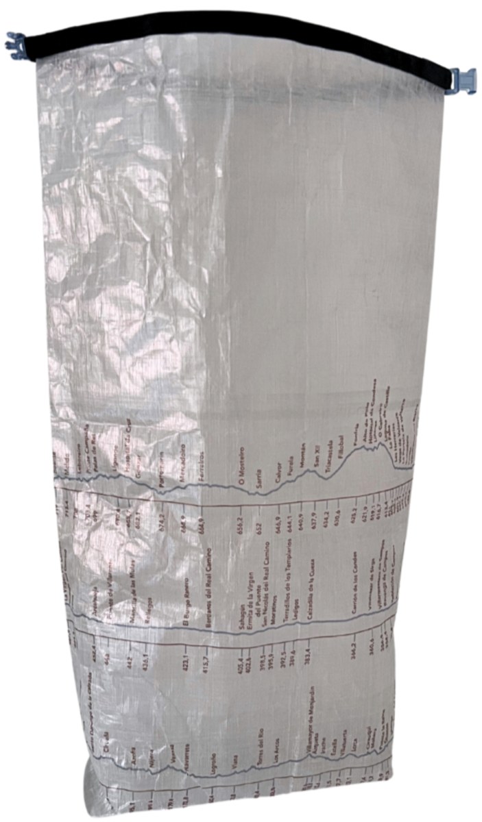 Camino de Santiago Dyneema® Clear Large Rolltop bag with Ultreiatrek design of all the towns and kilometers on the Camino Frances. Gradient is pictured in blue and names are in brown.