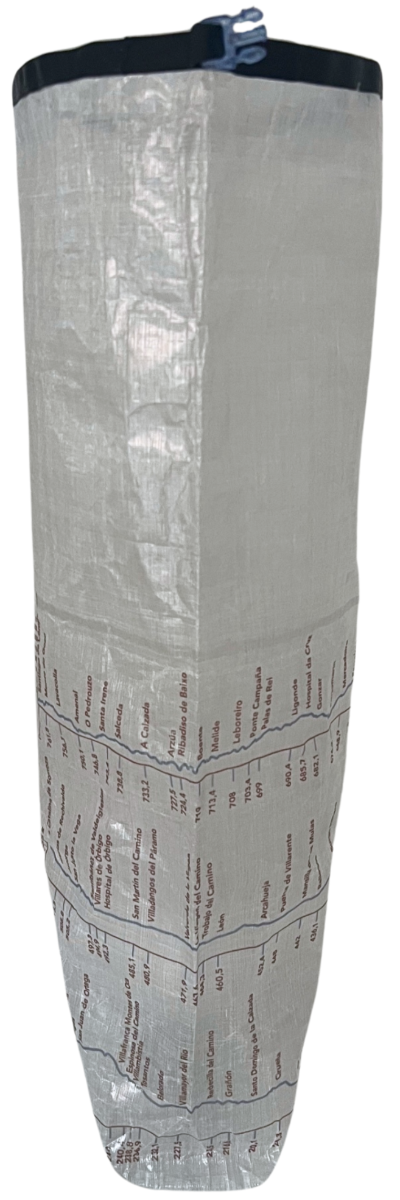 Camino de Santiago Dyneema® Clear Large Rolltop bag with Ultreiatrek design of all the towns and kilometers on the Camino Frances. Gradient is pictured in blue and names are in brown.