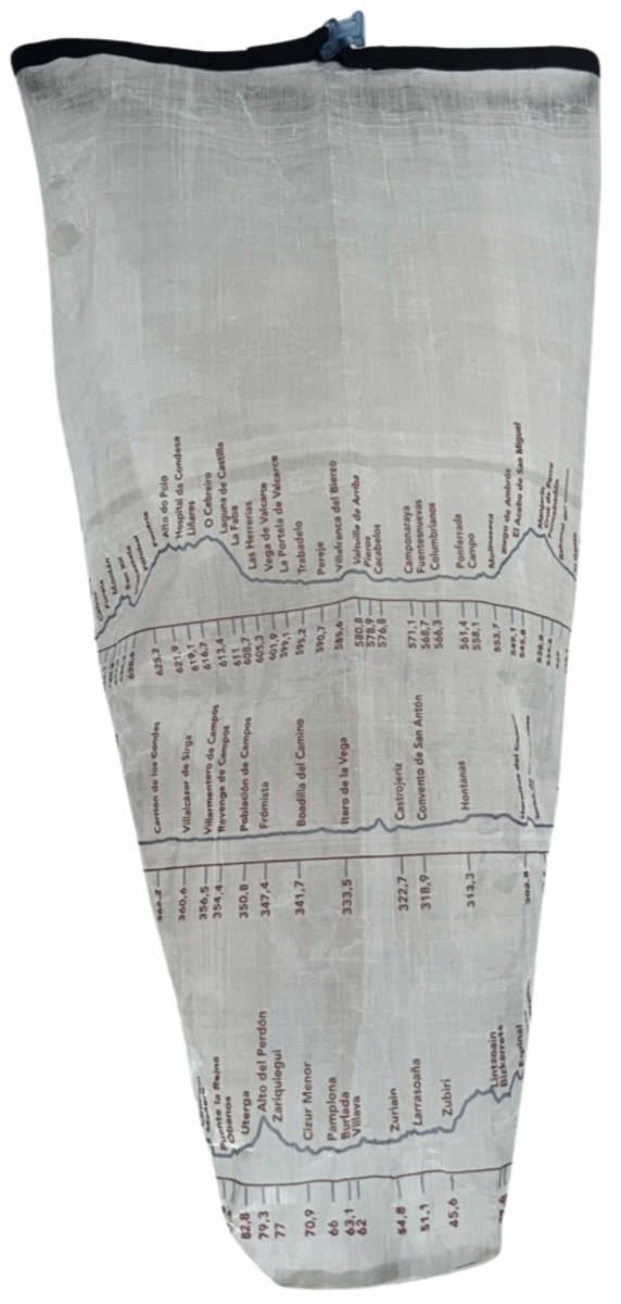 Camino de Santiago Dyneema® Clear Large Rolltop bag with Ultreiatrek design of all the towns and kilometers on the Camino Frances. Gradient is pictured in blue and names are in brown.