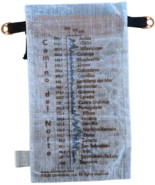 Dyneema® Valuables Holder with Camino del Norte Design. Backside. Gradient and kilometers from Bayonne via Avilés to Santiago de Compostela.