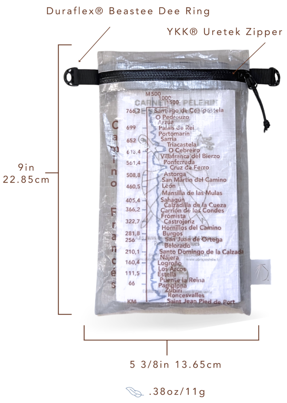 Dyneema® Valuables Holder with Camino Francés Design. Gradient and kilometers from Saint Jean Pied de Port to Santiago de Compostela. Measurements and weight. Item is shown with pilgrim's credential inside.
