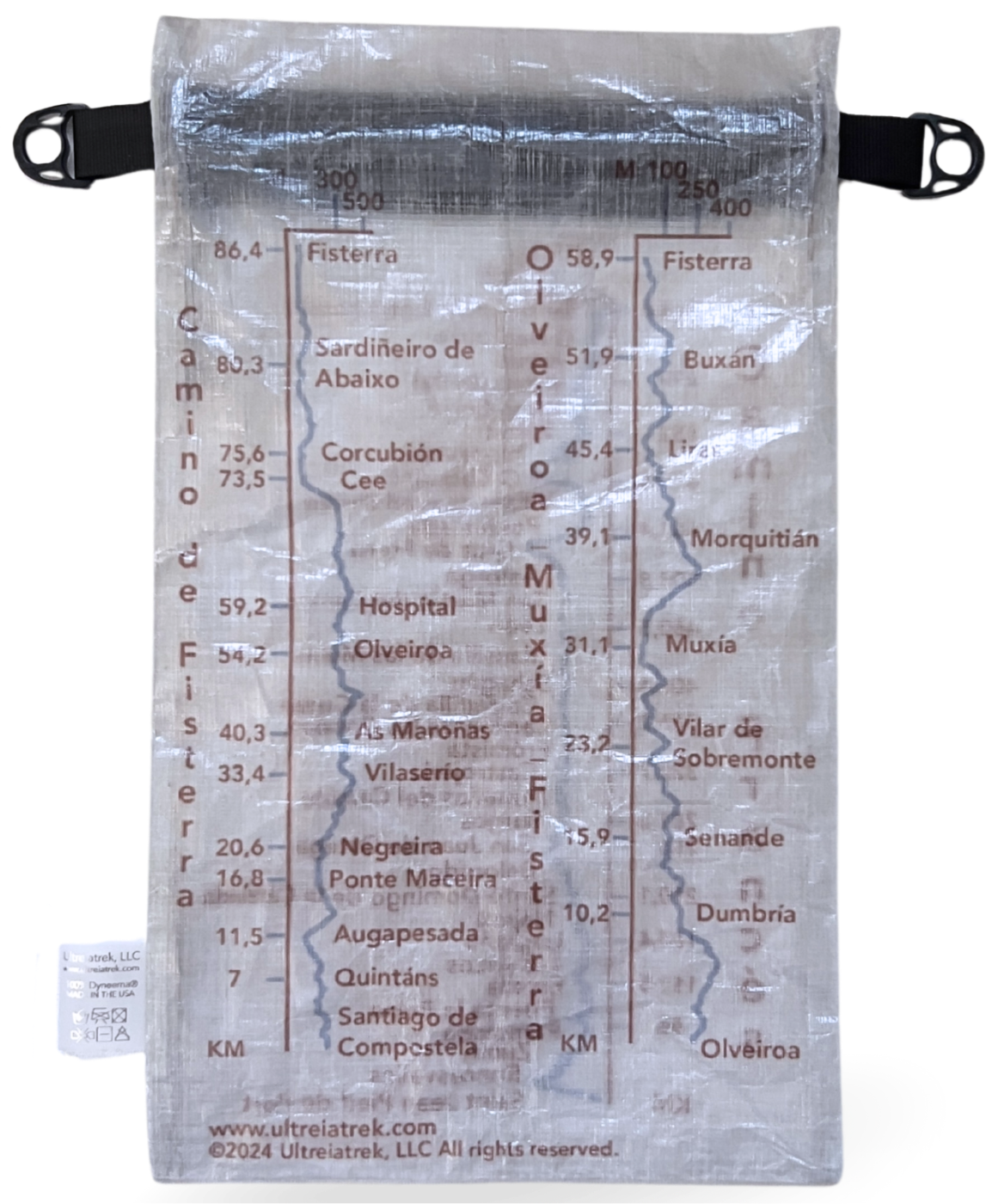 Dyneema® Valuables Holder Backside with Camino Fisterra Design. Gradient and kilometers from Santiago de Compostela to Fisterra. Includes Muxía.