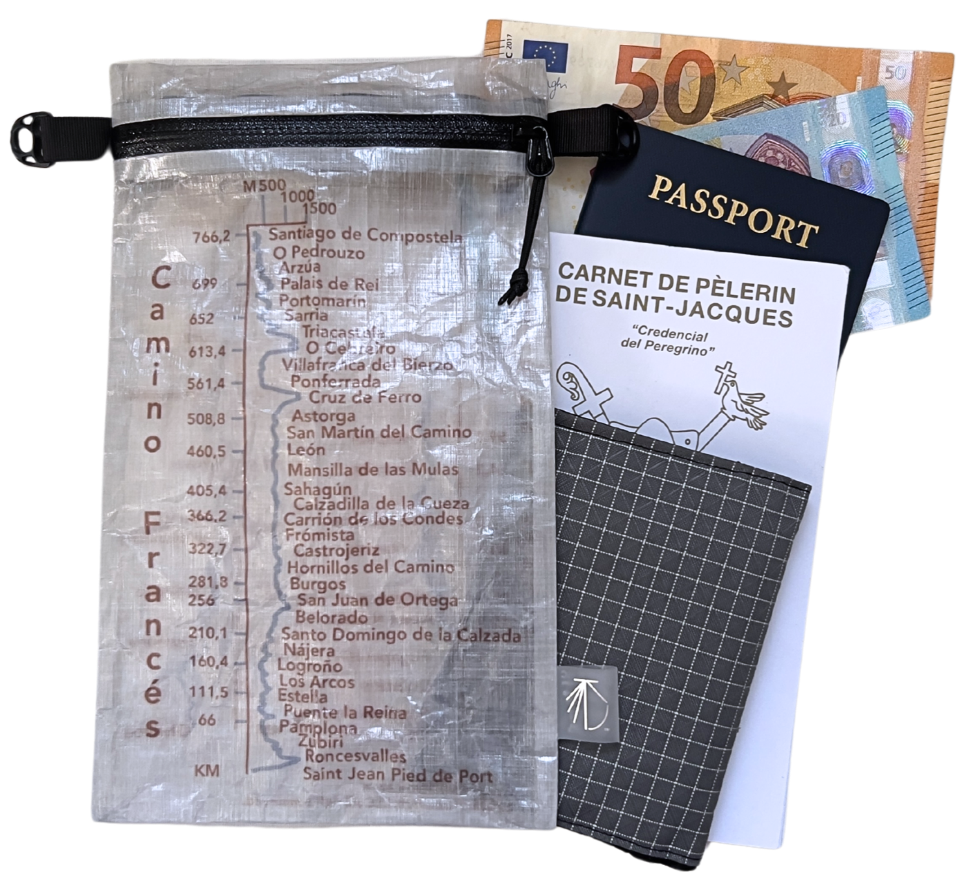 Dyneema® Valuables Holder with Camino Francés Design. Gradient and kilometers from Saint Jean Pied de Port to Santiago de Compostela. Item is shown with pilgrim's credential, wallet, passport and money.