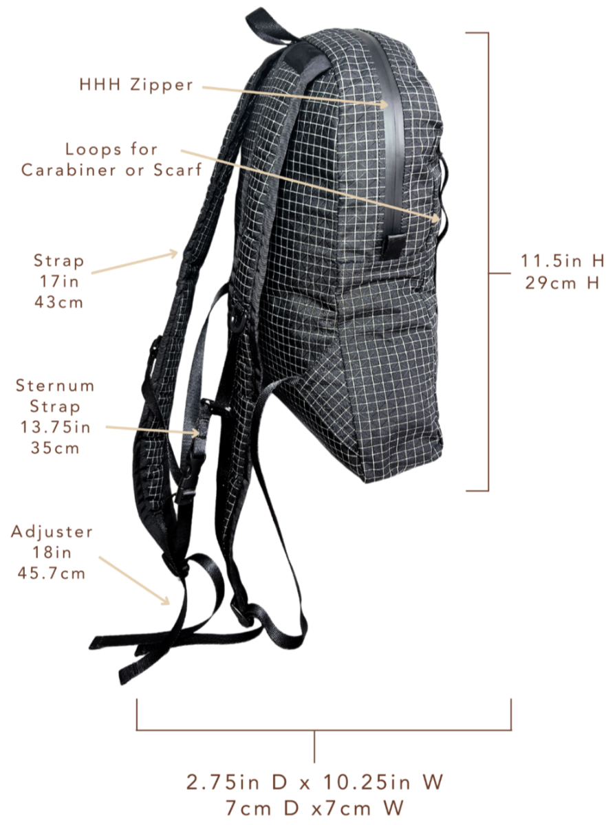 The Mighty Mini Unisex Backpack with description of measurements.