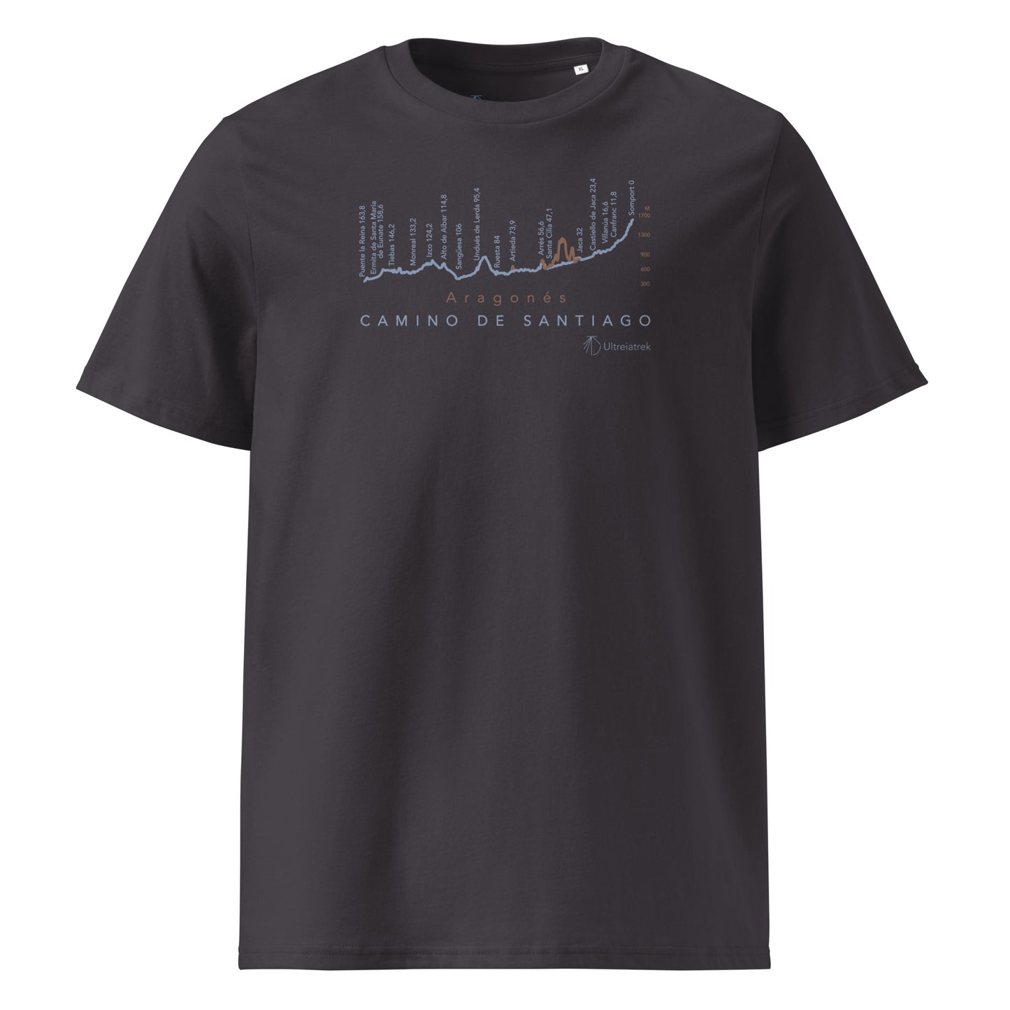 Camino Aragonés Gradient Unisex Organic Cotton T-shirt in anthracite - front view featuring detailed route elevation map from Somport to Puente la Reina through the Pyrenees