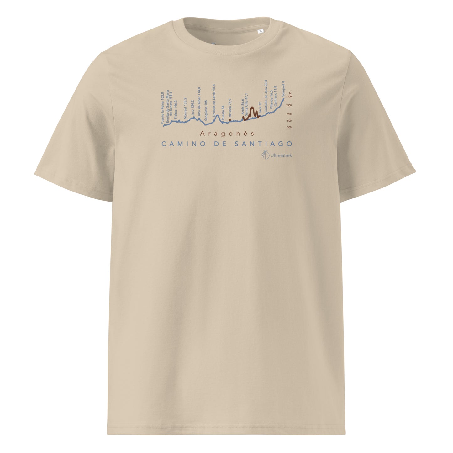 Camino Aragonés Gradient Unisex Organic Cotton T-shirt in desert dust - front view featuring detailed route elevation map from Somport to Puente la Reina through the Pyrenees