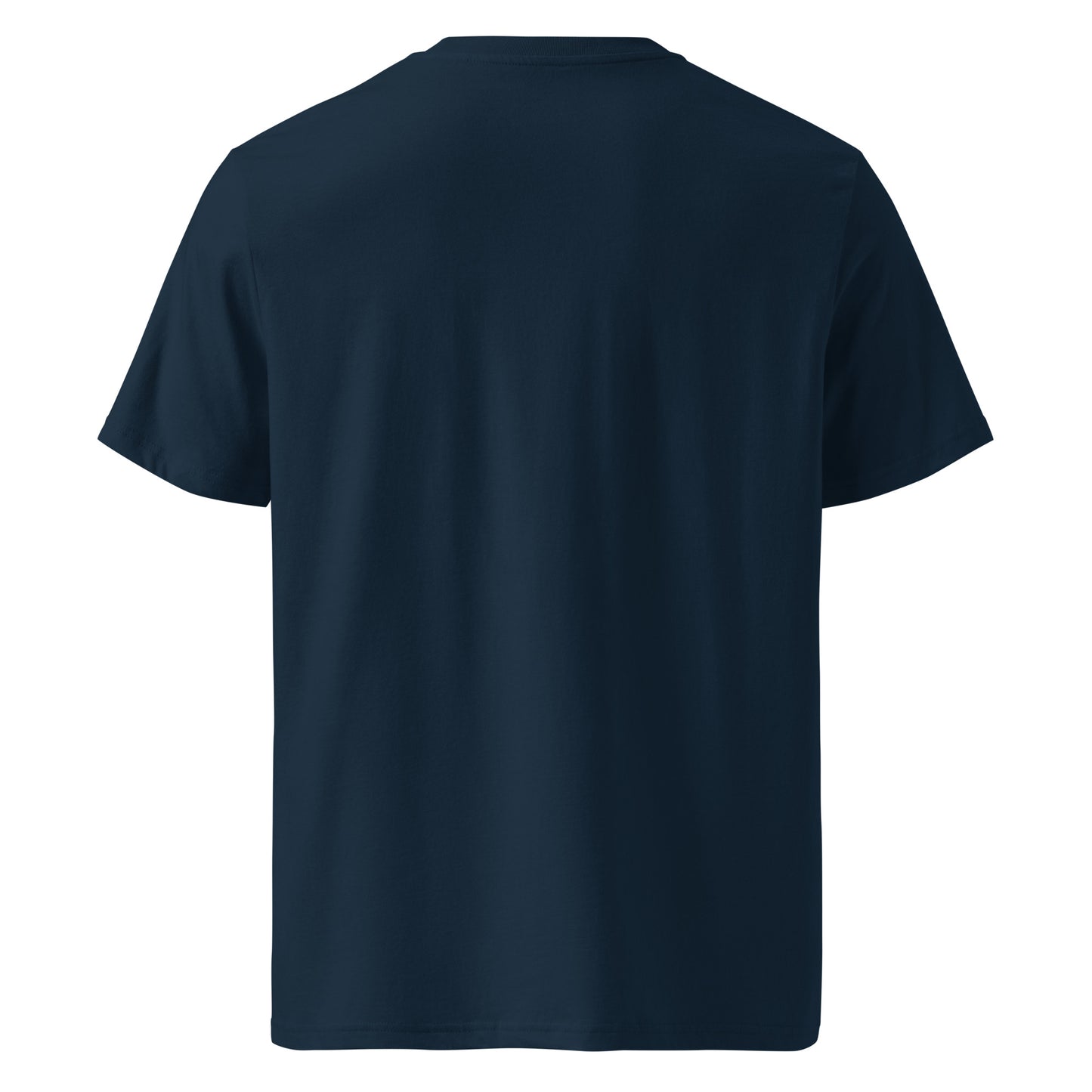 Camino Aragonés Gradient Unisex Organic Cotton T-shirt in french navy - back view featuring detailed route elevation map from Somport to Puente la Reina through the Pyrenees