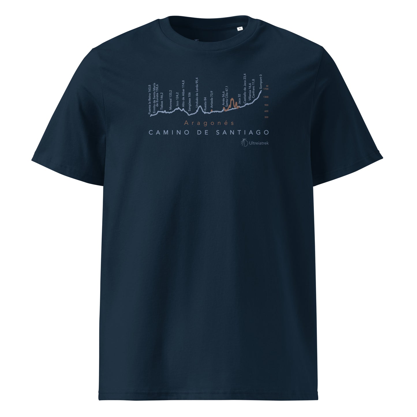 Camino Aragonés Gradient Unisex Organic Cotton T-shirt in french navy - front view featuring detailed route elevation map from Somport to Puente la Reina through the Pyrenees