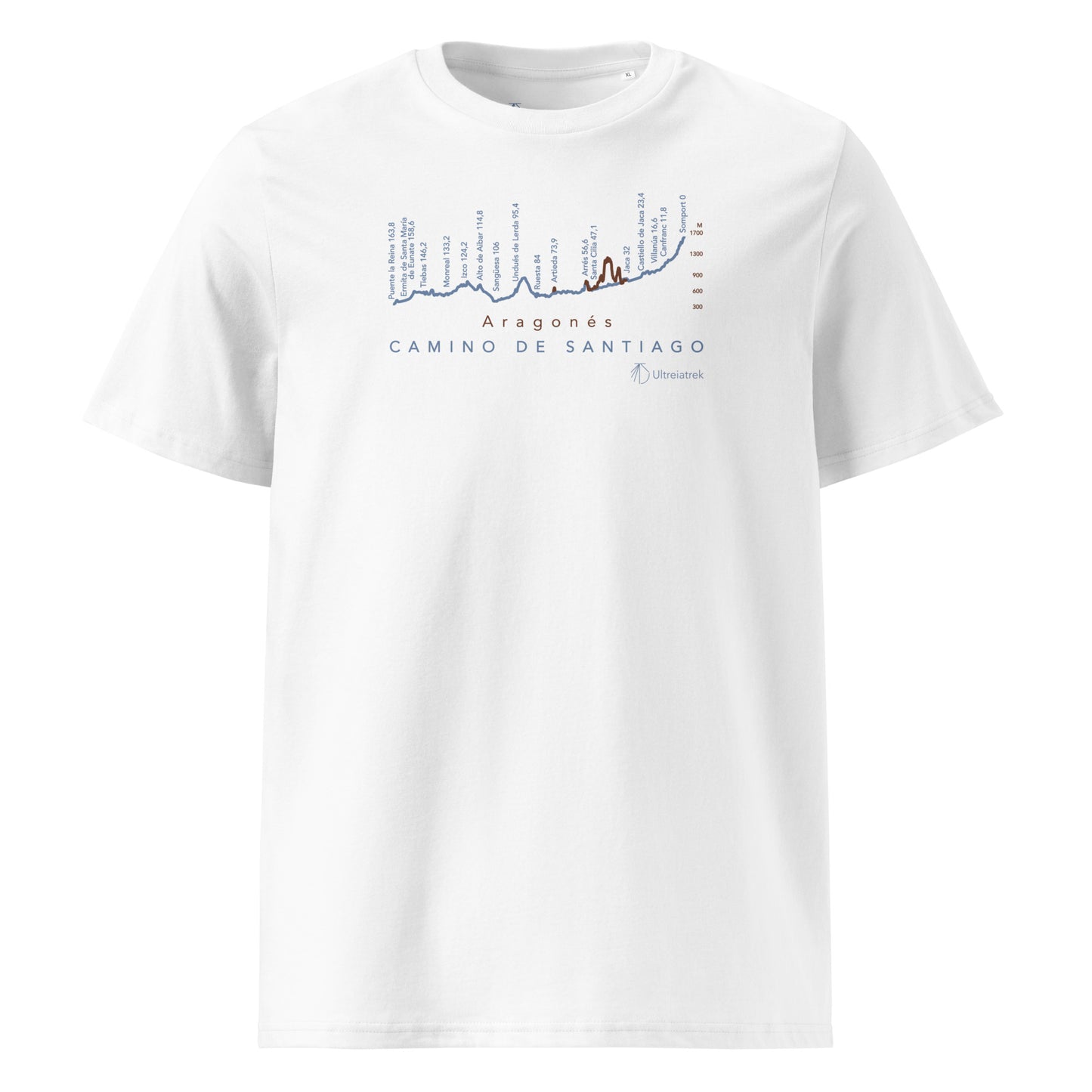 Camino Aragonés Gradient Unisex Organic Cotton T-shirt in white - front view featuring detailed route elevation map from Somport to Puente la Reina through the Pyrenees