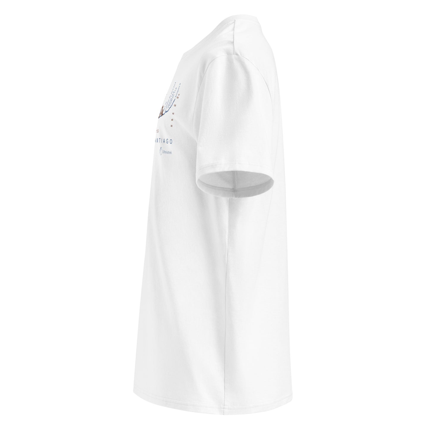 Camino Aragonés Gradient Unisex Organic Cotton T-shirt in white - left view featuring detailed route elevation map from Somport to Puente la Reina through the Pyrenees
