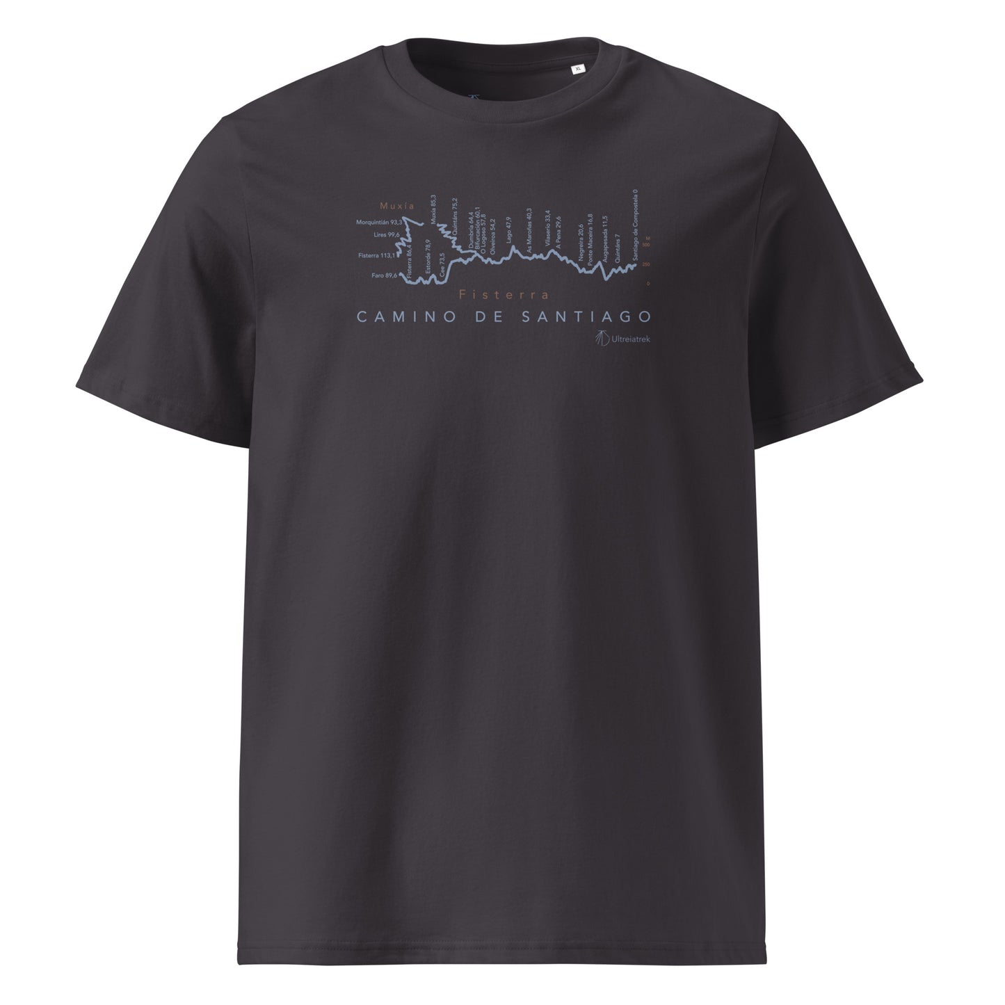Camino de Fisterra Gradient Unisex Organic Cotton T-shirt in anthracite - front view showing route elevation map design from Santiago to Fisterra and Muxía
