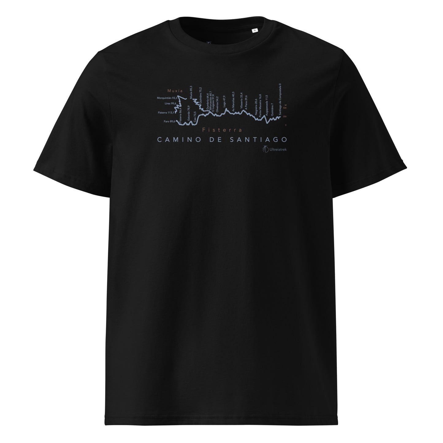 Camino de Fisterra Gradient Unisex Organic Cotton T-shirt in black - front view showing route elevation map design from Santiago to Fisterra and Muxía