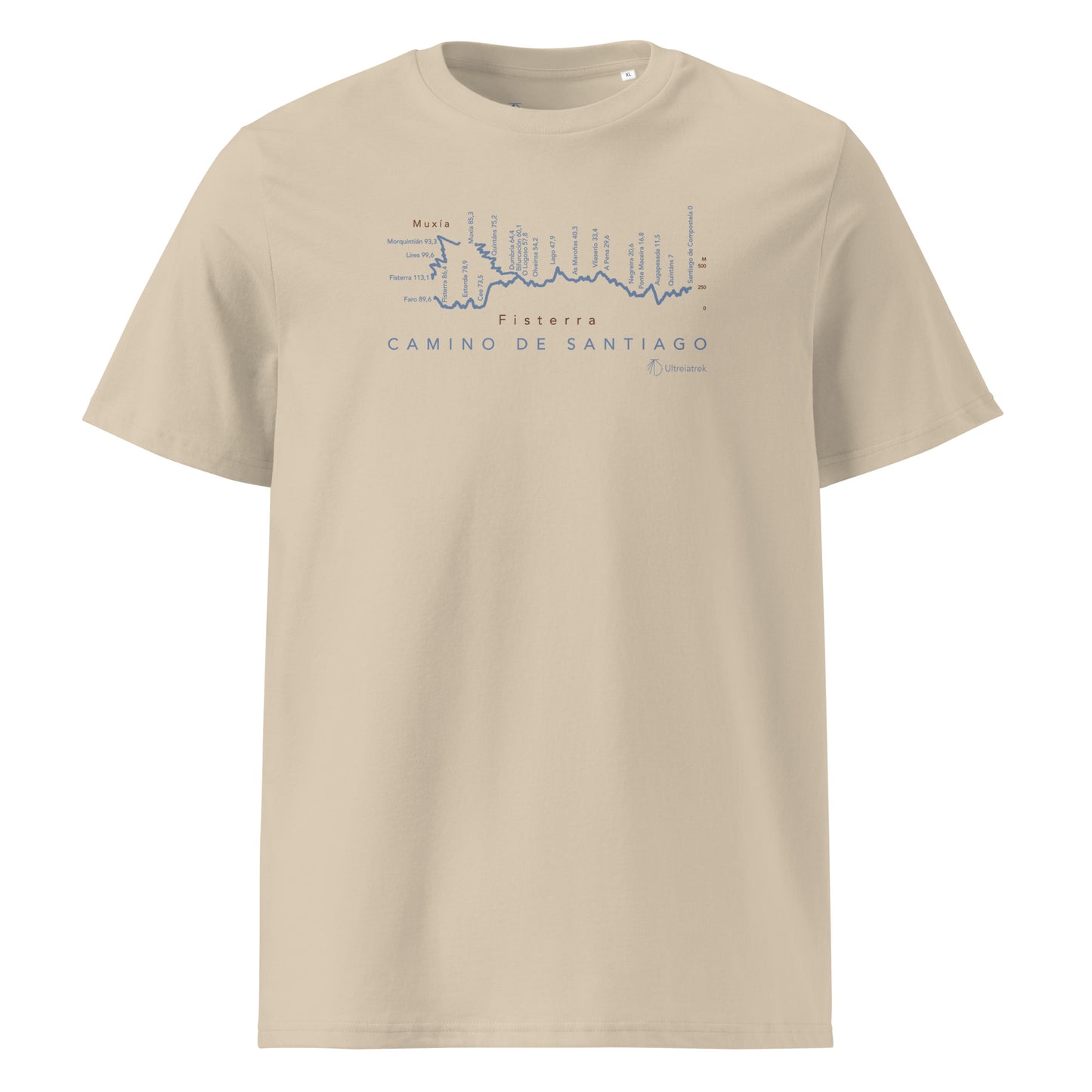Camino de Fisterra Gradient Unisex Organic Cotton T-shirt in desert dust - front view showing route elevation map design from Santiago to Fisterra and Muxía