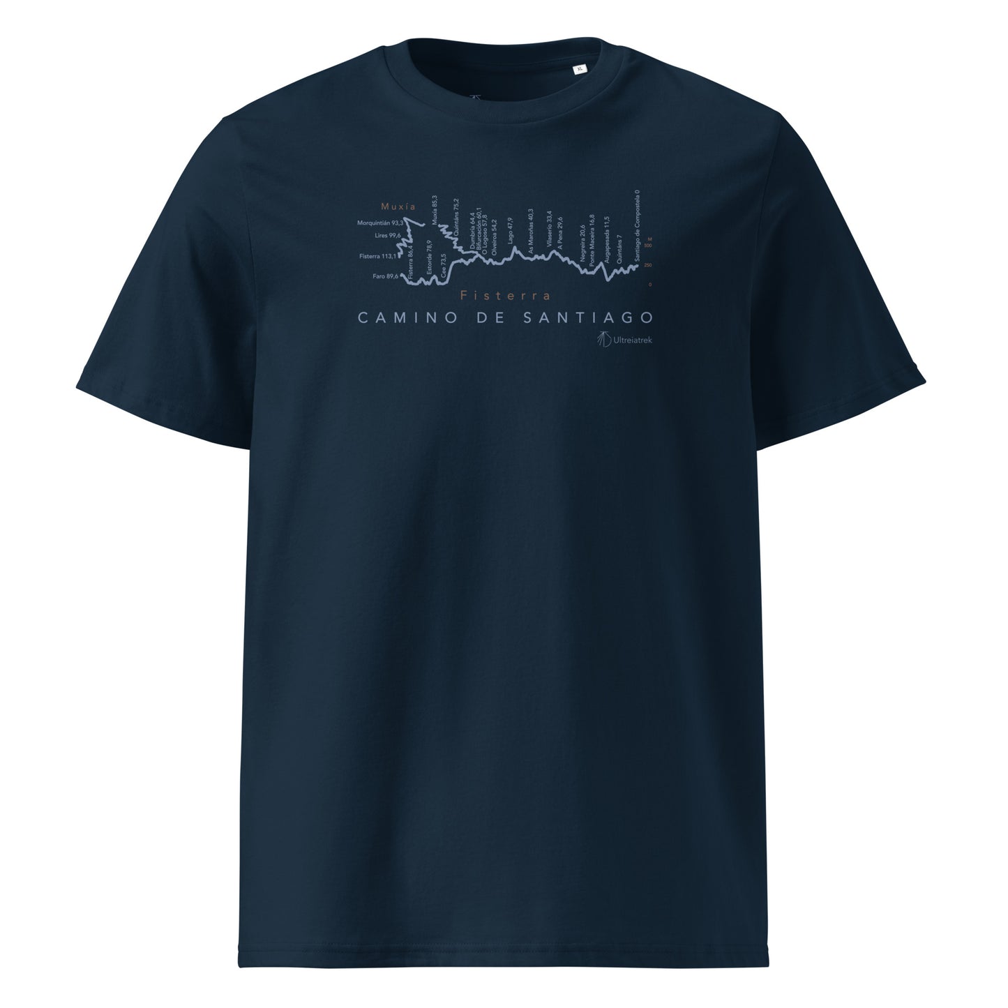 Camino de Fisterra Gradient Unisex Organic Cotton T-shirt in french navy - front view showing route elevation map design from Santiago to Fisterra and Muxía