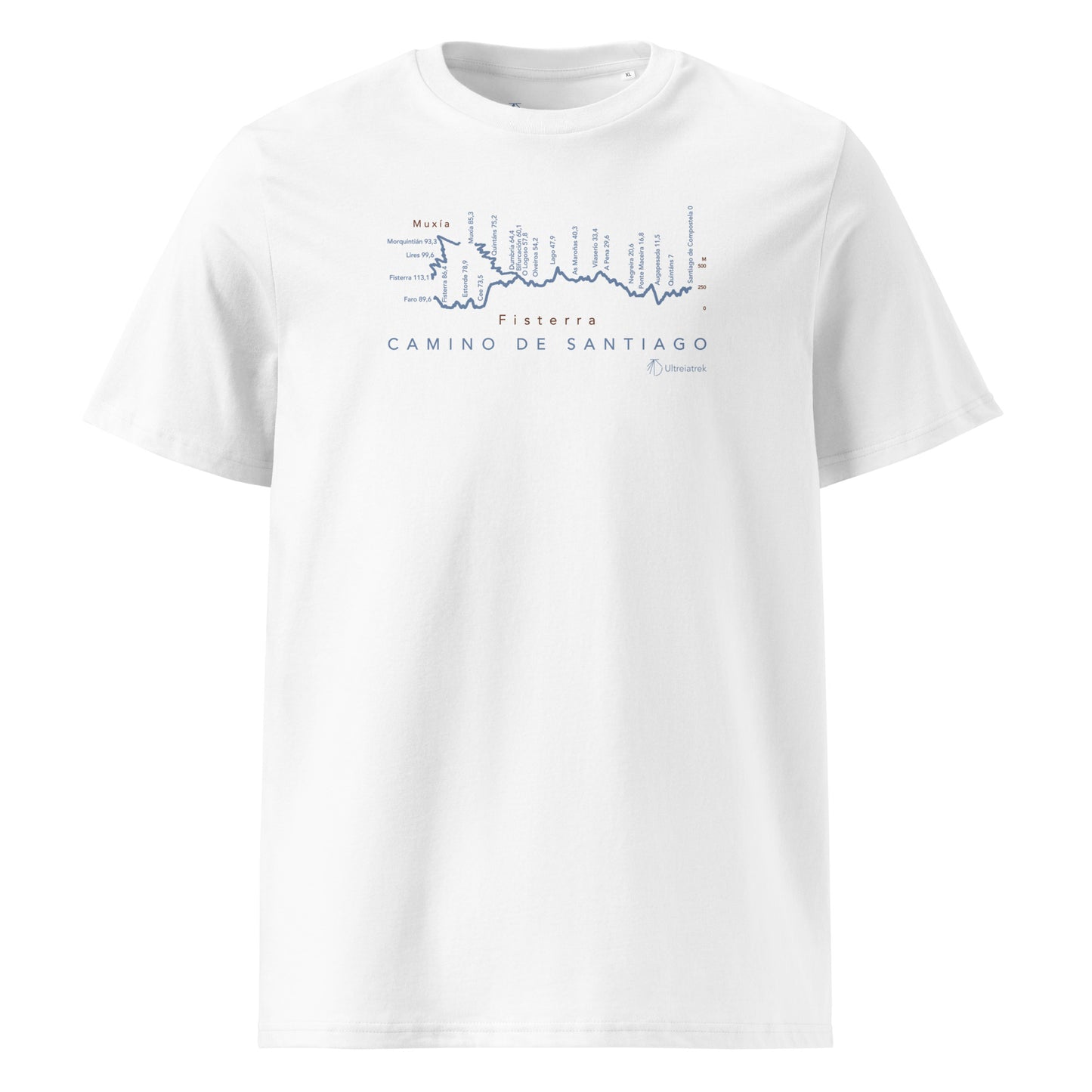 Camino de Fisterra Gradient Unisex Organic Cotton T-shirt in white - front view showing route elevation map design from Santiago to Fisterra and Muxía