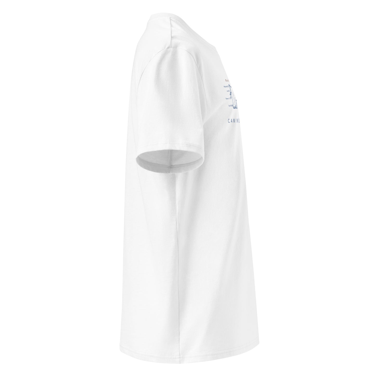 Camino de Fisterra Gradient Unisex Organic Cotton T-shirt in white - right view showing route elevation map design from Santiago to Fisterra and Muxía