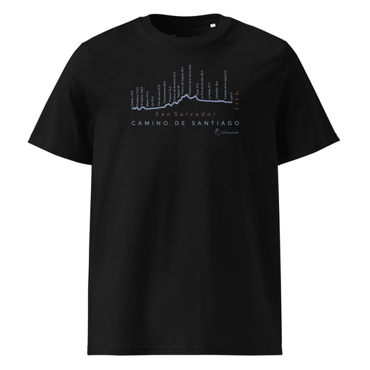 Camino de San Salvador Gradient Unisex Organic Cotton T-shirt in black - front view featuring the sacred route from León to Oviedo with elevation profile