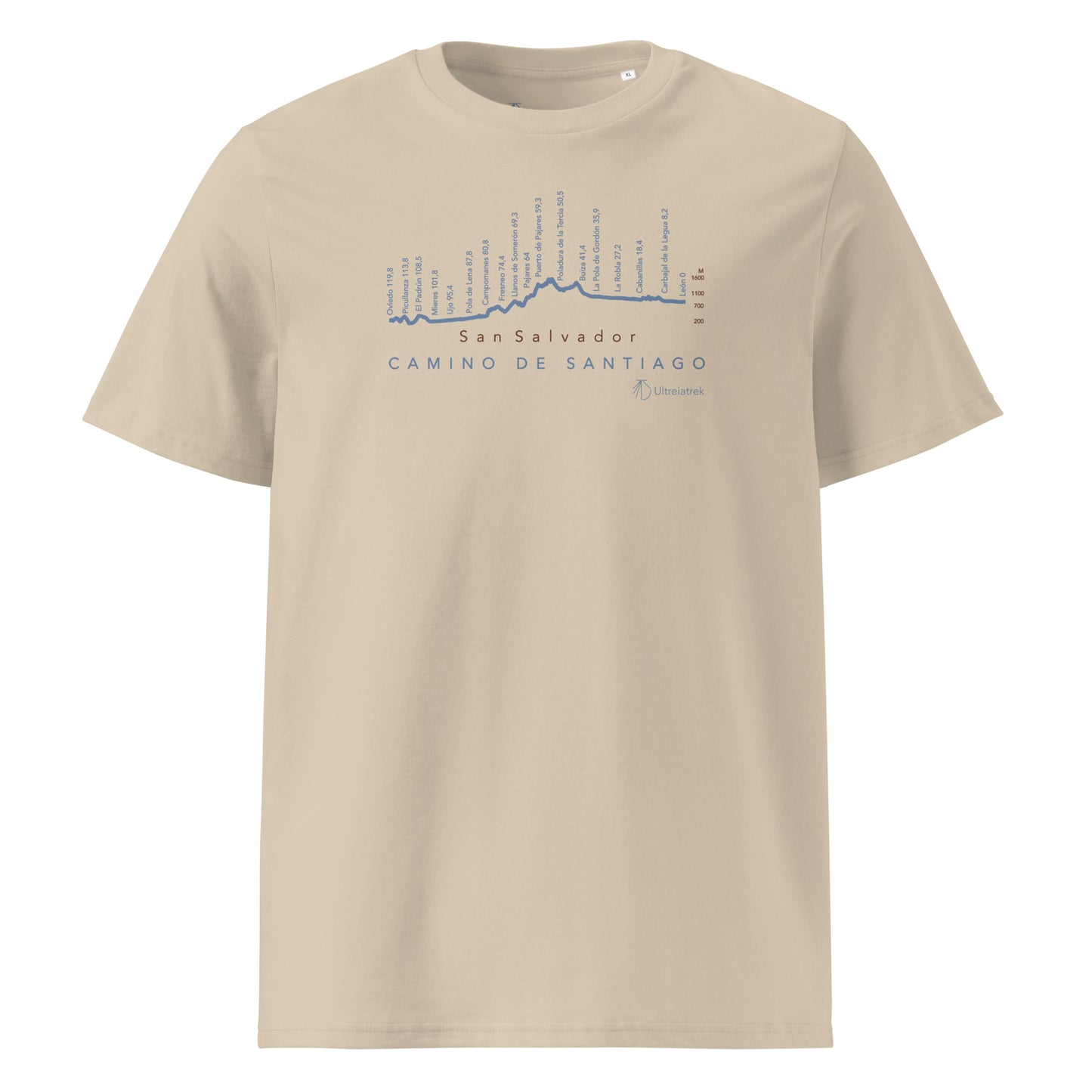 Camino de San Salvador Gradient Unisex Organic Cotton T-shirt in desert dust - front view featuring the sacred route from León to Oviedo with elevation profile