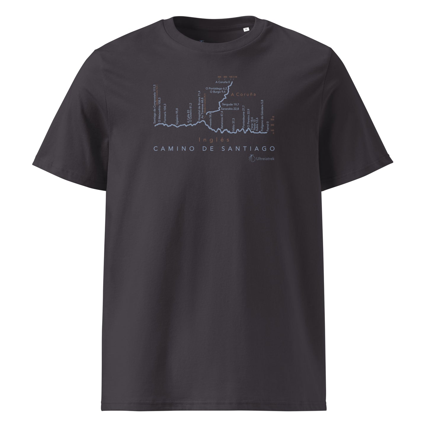 Camino Inglés route map unisex t-shirt in anthracite - front view showing elevation profile and distance markers from Ferrol and A Coruña to Santiago