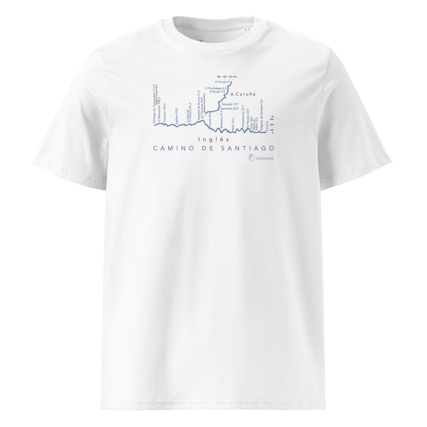 Camino Inglés route map unisex t-shirt in white - front view showing elevation profile and distance markers from Ferrol and A Coruña to Santiago