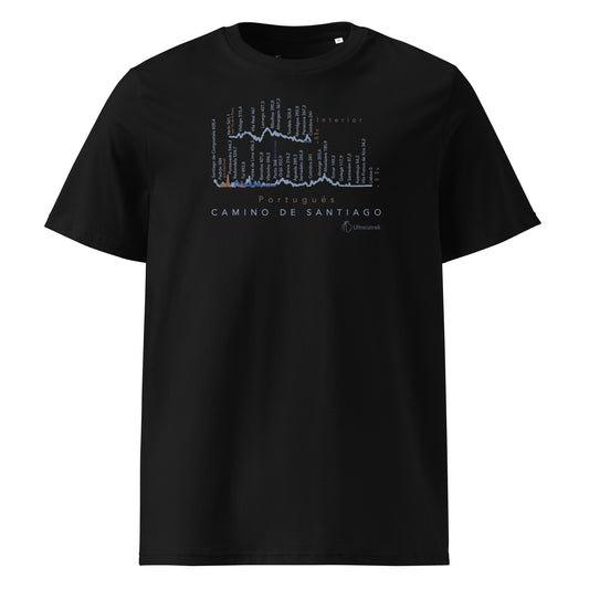 Camino Portugués route map t-shirt showing Coastal, Interior and Central variants with elevation profiles. Color black front view.