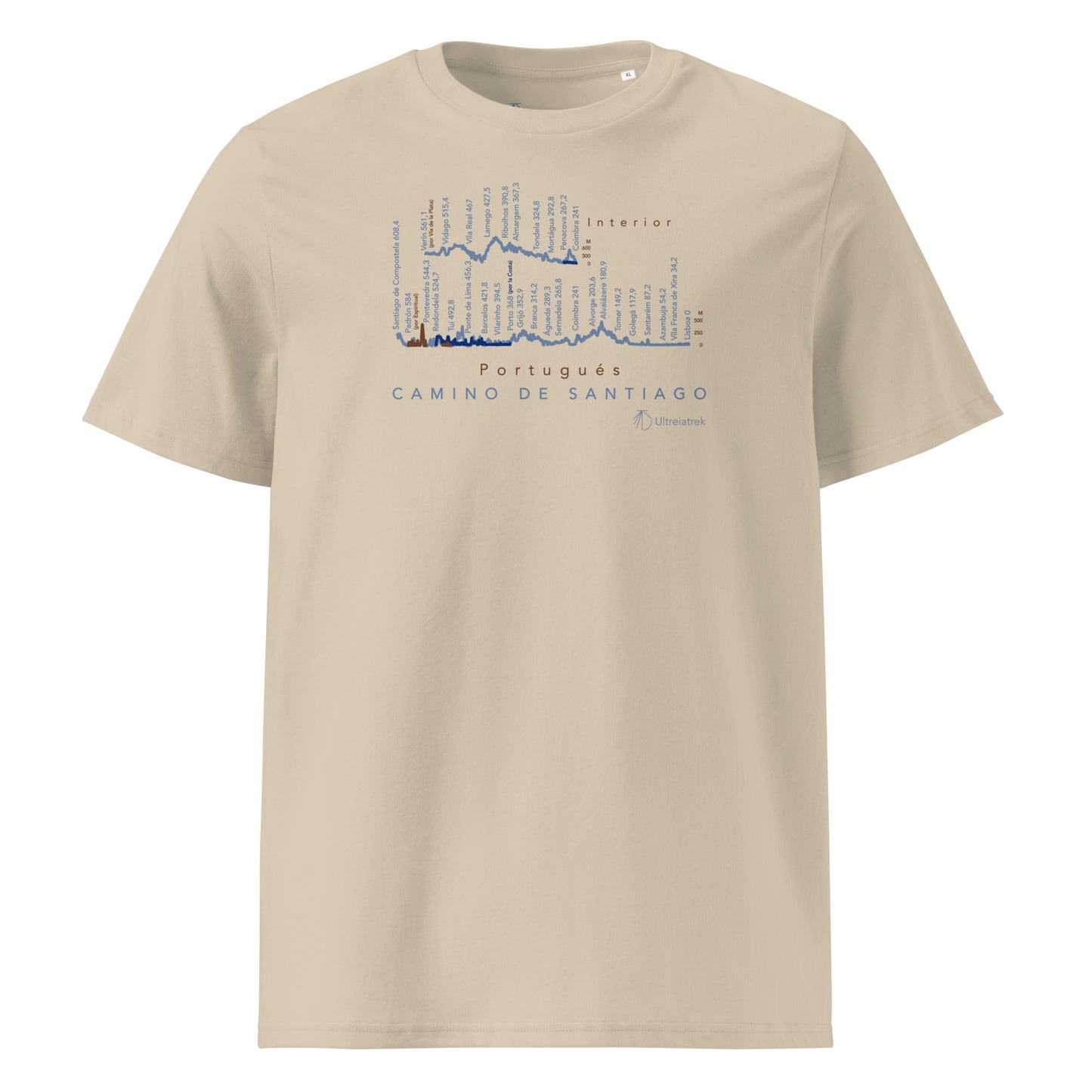 Camino Portugués route map t-shirt showing Coastal, Interior and Central variants with elevation profiles. Color desert dust front view.
