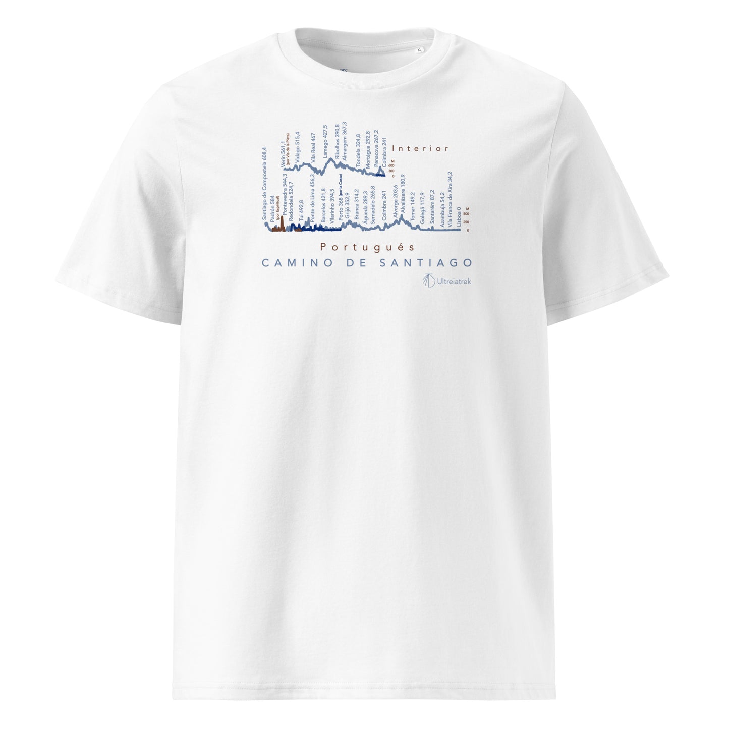 Camino Portugués route map t-shirt showing Coastal, Interior and Central variants with elevation profiles. Color white front view.