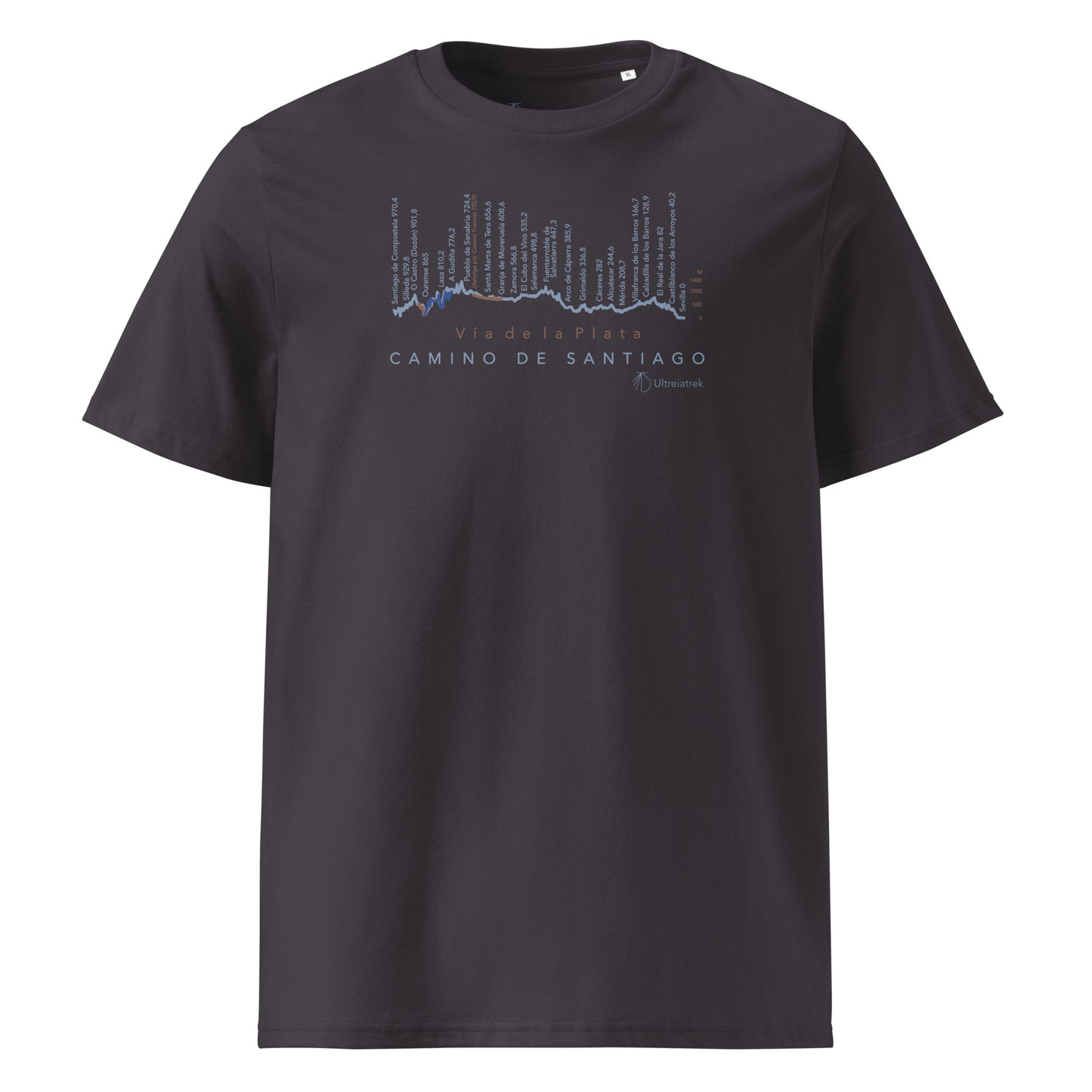 Vía de la Plata Camino route map t-shirt in anthracite showing elevation profile from Seville to Santiago de Compostela front view