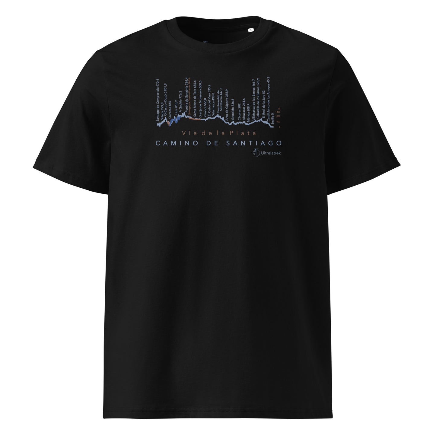 Vía de la Plata Camino route map t-shirt in black showing elevation profile from Seville to Santiago de Compostela front view
