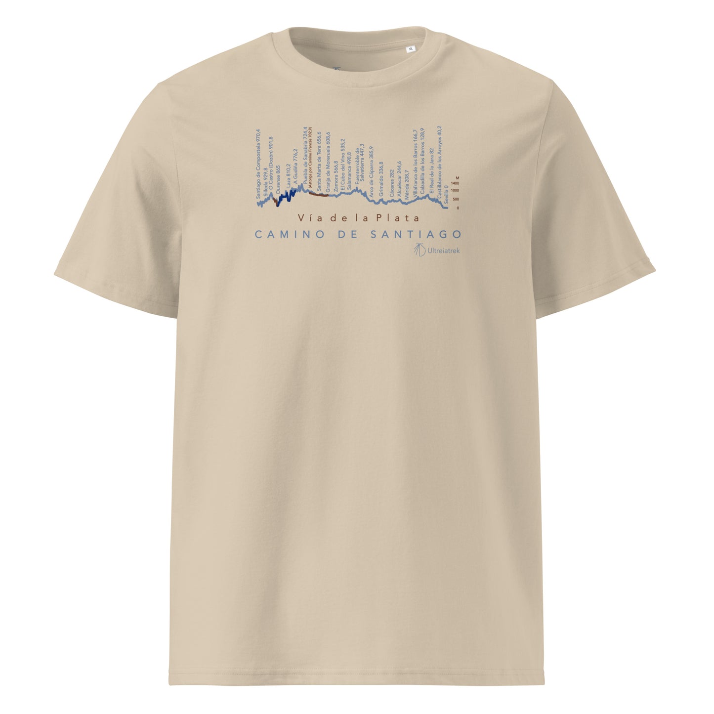 Vía de la Plata Camino route map t-shirt in desert dust showing elevation profile from Seville to Santiago de Compostela front view