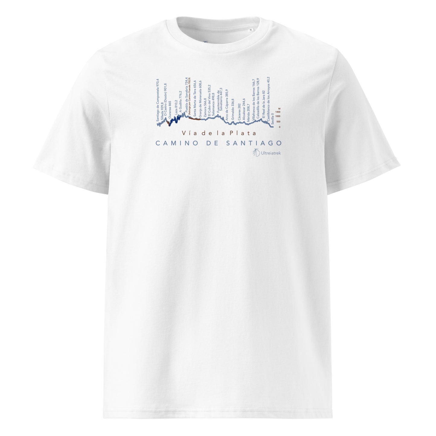 Vía de la Plata Camino route map t-shirt in white showing elevation profile from Seville to Santiago de Compostela front view