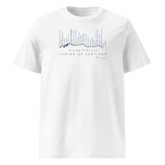 Vía de la Plata Camino route map t-shirt in white showing elevation profile from Seville to Santiago de Compostela front view