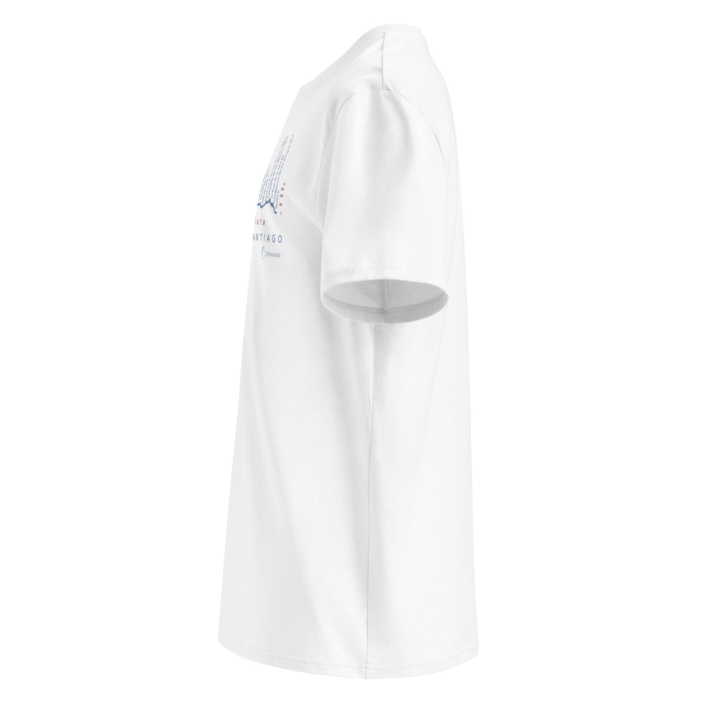 Vía de la Plata Camino route map t-shirt in white showing elevation profile from Seville to Santiago de Compostela left view