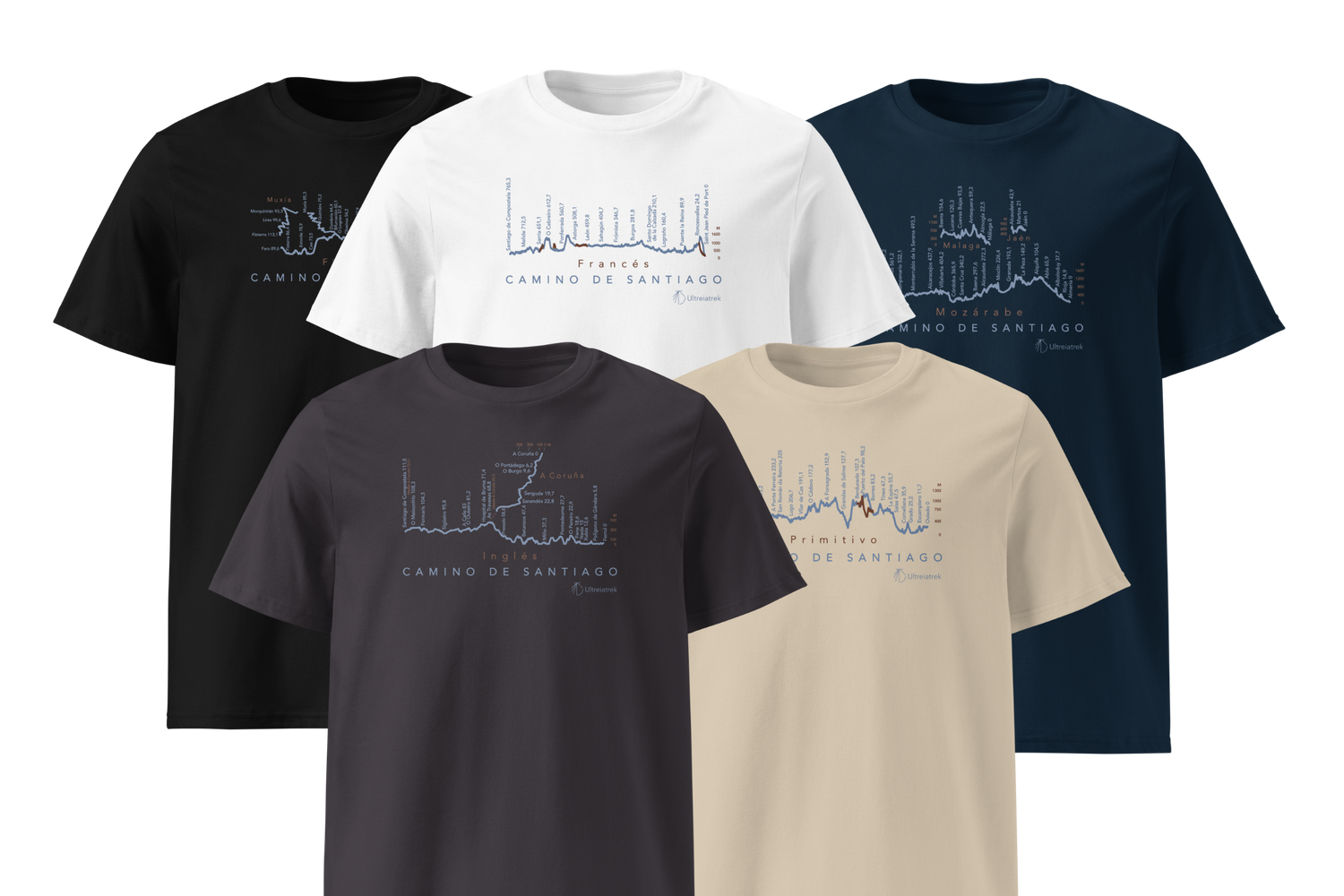 Five t-shirts of different trails on the Camino de Santiago. Features the following caminos: Inglés, Primitivo, Francés, Mozárabe, and Fisterra. Colors are in white, black, anthracite, french navy, and desert dust.
